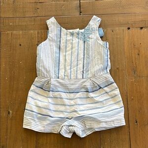 Janie and jack blue striped floral embroidered open back bow short romper